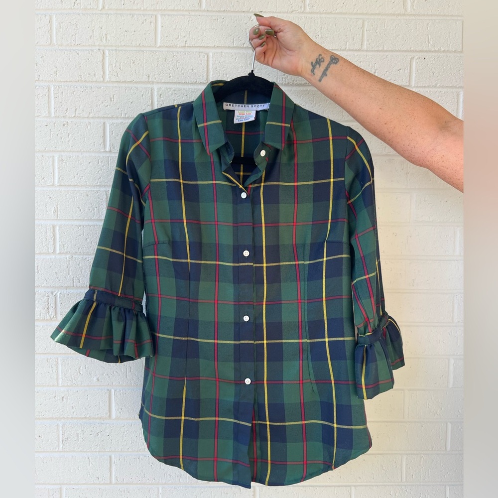 Gretchen Scott Duke of York Plaid Green Priss
Ruffle Tartan Blouse Top